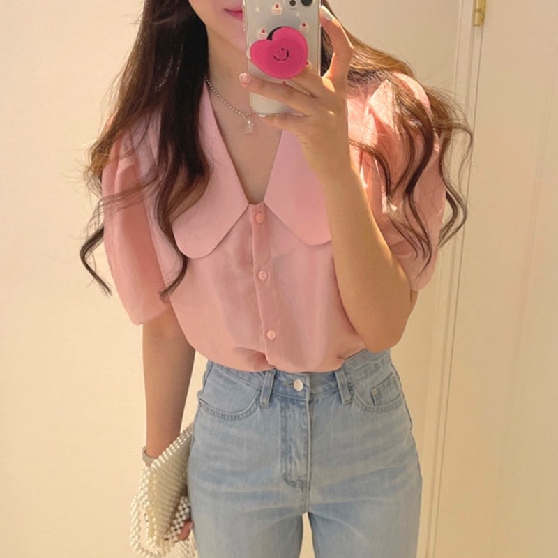 Hàng Có Sẵn Mới! Áo Tay Ngắn Vạt Bèo Nhún Dáng Rộng Phong Cách Hàn Quốc Cho Nữ