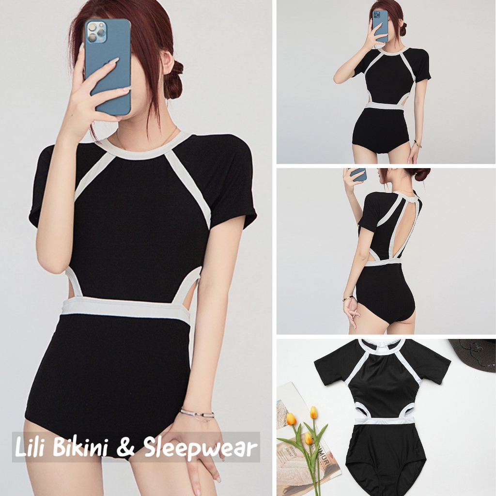 (Mẫu mới 2023) Bikini, đồ bơi một mảnh cơ bản đen trắng khoét eo phá cách Hàn quốc, bộ học bơi nữ