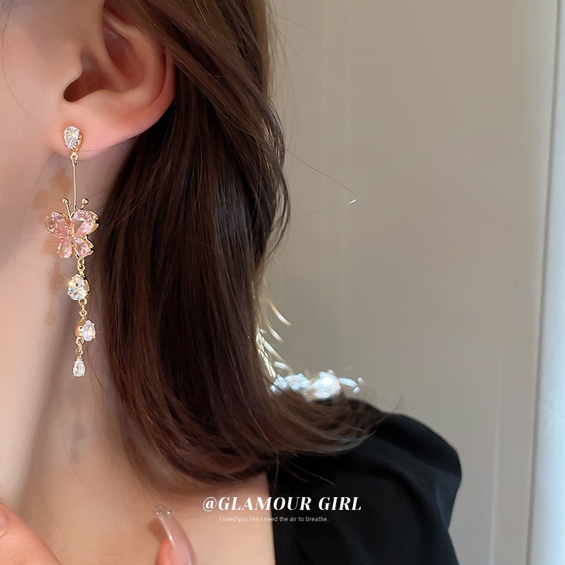 Bông Tai Dáng Dài Hình Trái Tim/Bướm Đính Đá Zircon Phối Tua Rua Phong Cách Âu Mỹ Sang Trọng