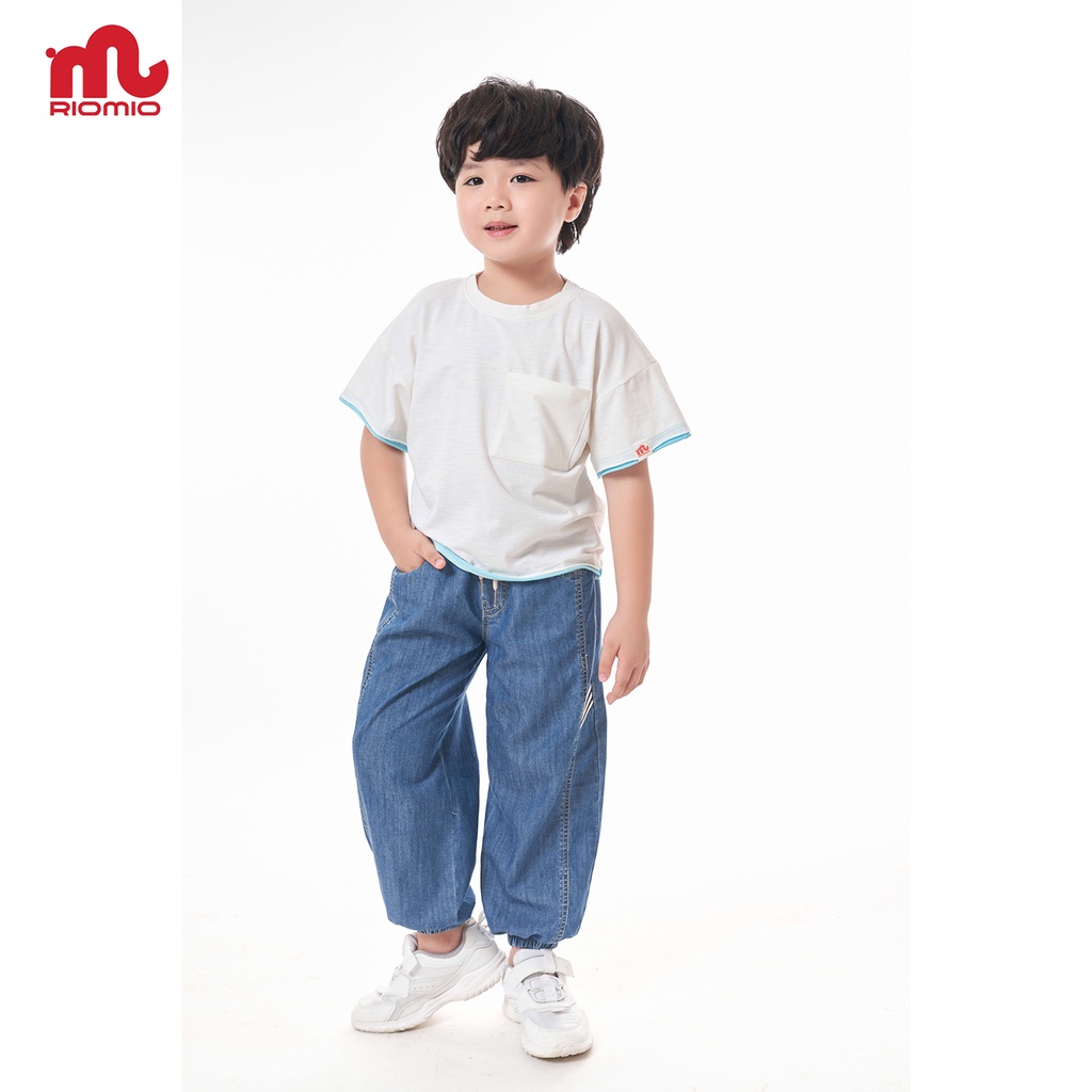 Quần jean cho bé trai 5-12 tuổi size 20-50kg RIOMIO ống rộng cạp chun bo gấu 100% cotton jean sợi coolmax kèm QT- RM258