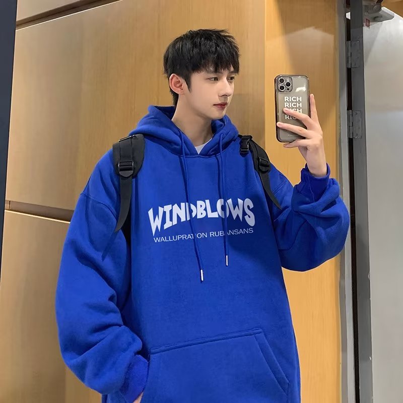 Áo Hoodie Tay Dài In Chữ Klein Màu Xanh Dương Phong Cách Hip hop Nhật Bản Thời Trang Mùa Đông 3 Màu Tùy Chọn Cho Nam