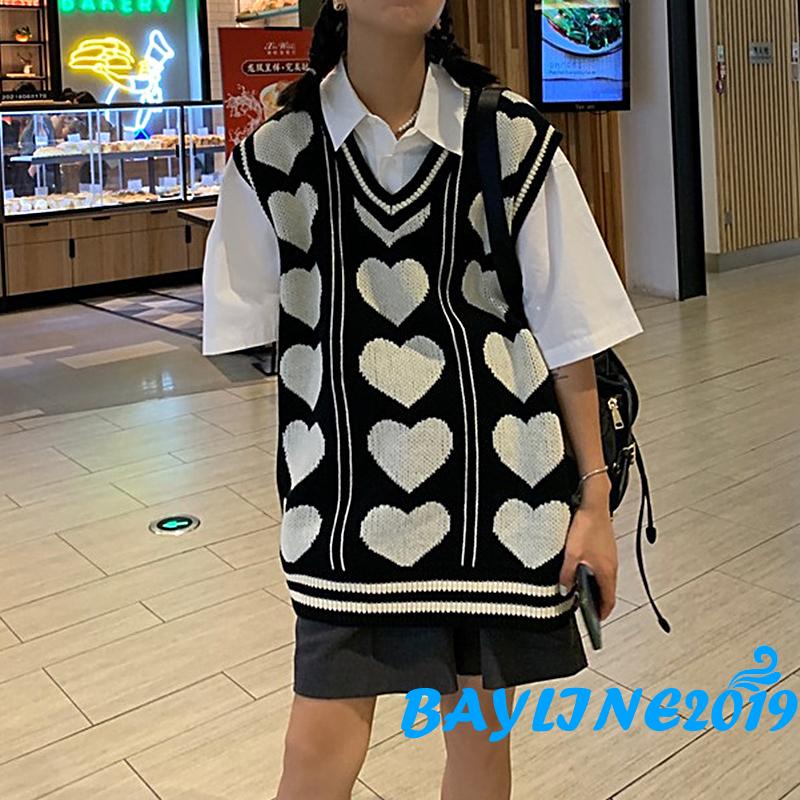 Áo len không tay cổ chữ V họa tiết trái tim màu sắc thời trang thu đông cho nữ