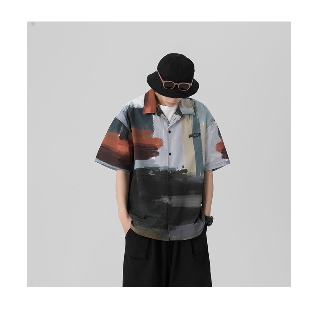 【Grey】M-2XL Oversized Shirt Casual Loose Shirts Korean Tops Shirt Men's Short-sleeved Shirt Japanese Style Lazy Wind Summer Loose Half-sleeved Trend Casual Graffiti Color Shirt