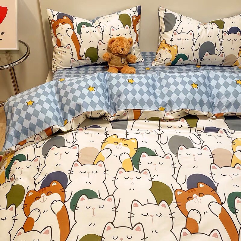 Set Chăn Ga Cotton Poly Biệt Đội Mèo Đanh Mát Bền Đẹp (Shinbedding_store)