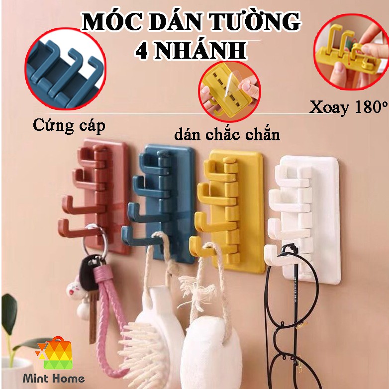 Móc treo tường 4 chấu nhánh xoay để nón, chìa khóa, vật dụng, quần áo dán tường chịu lực dính siêu chắc siêu bền đa năng