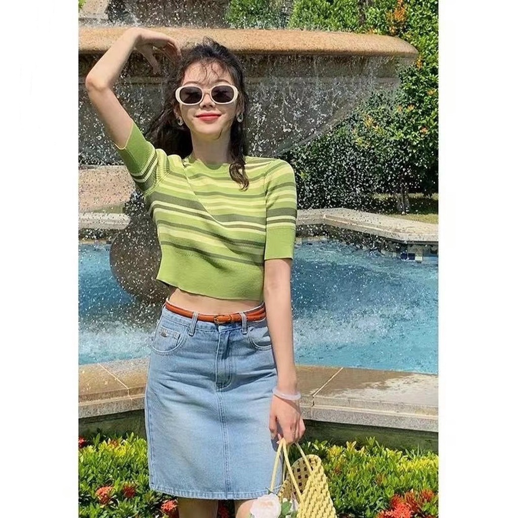 Áo Dệt Kim Nữ Kẻ Ngang Tay Ngắn Cố Tròn Vải Mềm Mại Ailee