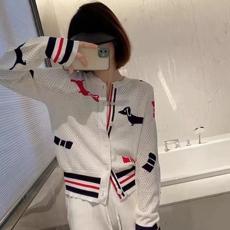 Áo Khoác Cardigan Dệt Kim Phối Lưới Mỏng Màu Đỏ / Xanh Dương Phong Cách Công Nghiệp Mùa Thu Hàng Mới 2022