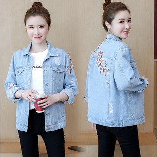 Áo Khoác Jean Dáng Rộng Có Thêu Hoạ Tiết Size S-5xl Cho Nữ