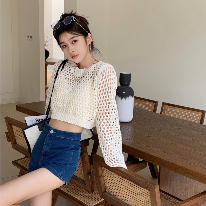 Áo croptop dài tay phối len đan cá tính A377