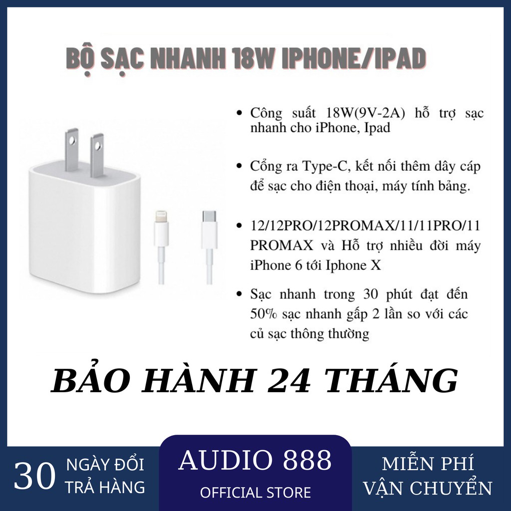 Bộ sạc nhanh 18W dùng cho Pro Max, iPhone 11, iPhone XS Max, iPhone XS, iPhone X, iPhone 8 Plus, iPhone 8 1 ĐỔI 1