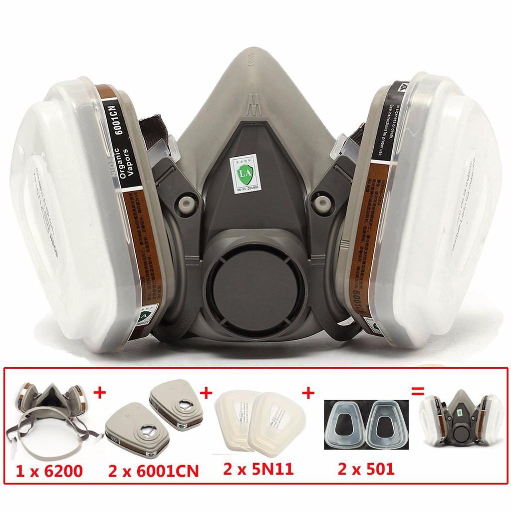 Mặt nạ phòng độc 3M trọn bộ gồm: Mặt nạ 6200++bông lọc 5N11+nắp giữ 501