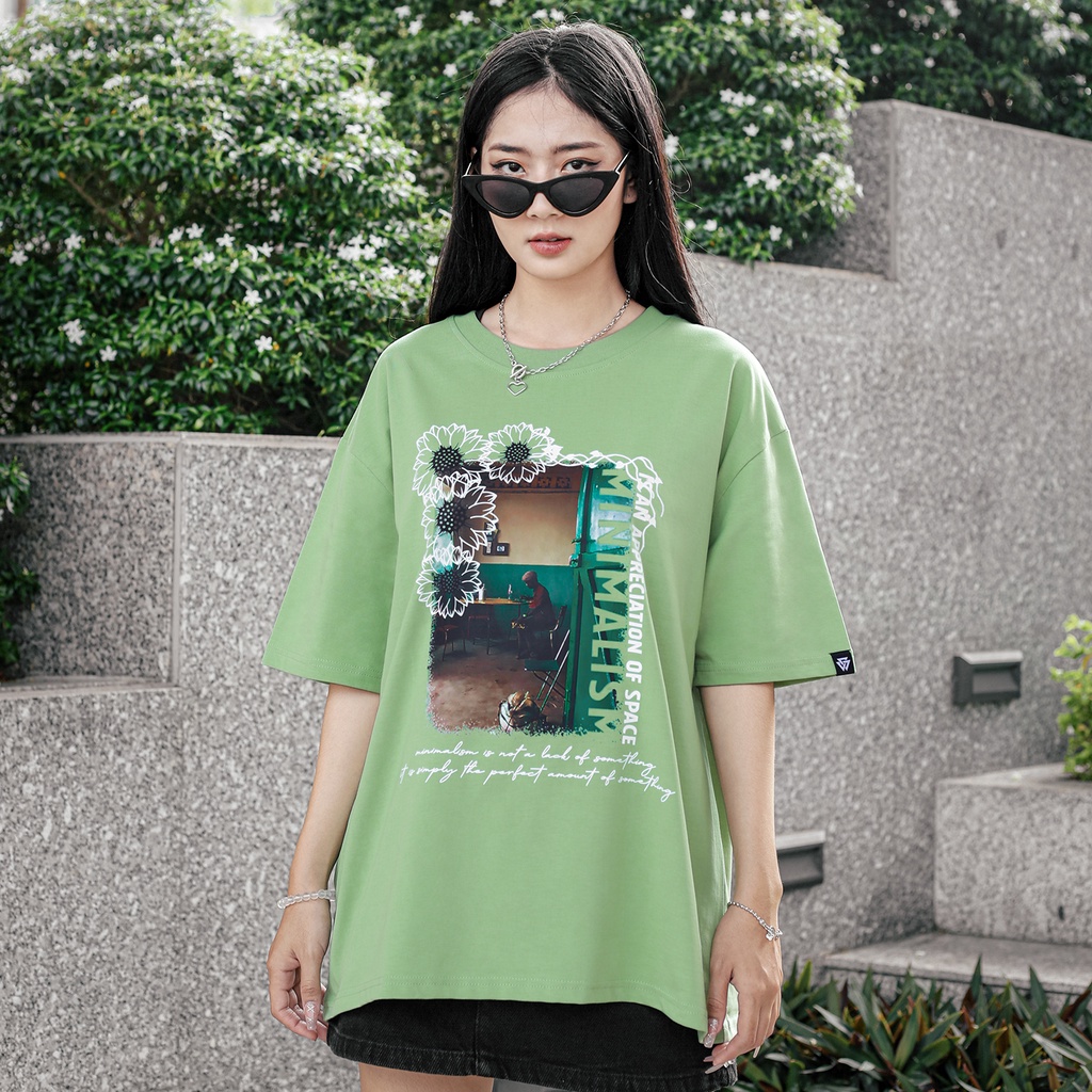 Áo Thun Minimalism Màu Xanh Lá In Hình Chất Liệu 100% Cotton Thoáng Mát Form Rộng Thoải Mái
