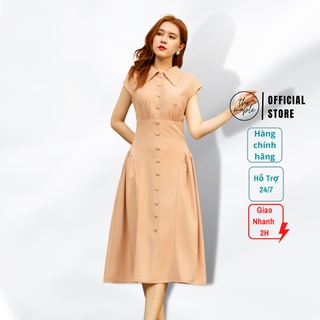 Đầm công sở lụa nhấn eo bên THE MAPLE cam nhạt