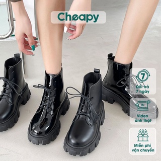 Giày boots nữ cổ thấp, giày combat boots đế cao 5cm da lì da bóng màu đen phong cách Cheapy C1007