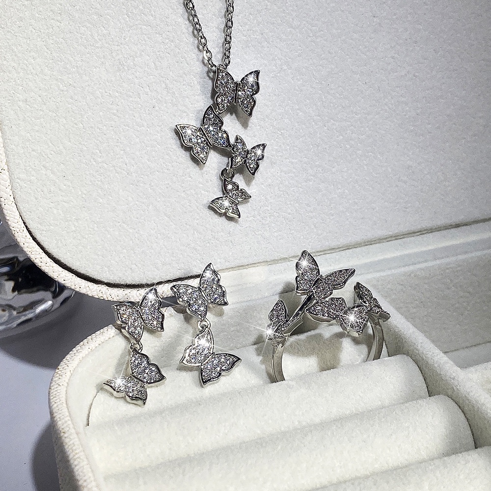 Bộ trang sức Set Dây chuyền, Bông tai, Nhẫn nữ hình bướm đính đá cao cấp sang trọng Mely - HA78