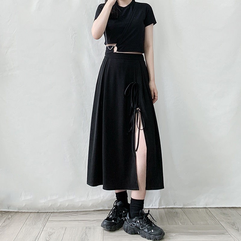 Chân váy xẻ tà _Chân váy dài midi đen xoè phong cách Bohee trẻ trung