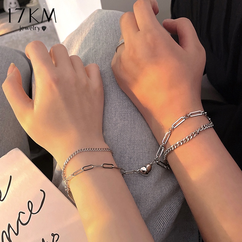 Vòng tay 17KM hai lớp với hình trái tim từ tính thời trang Hàn Quốc cho cặp đôi