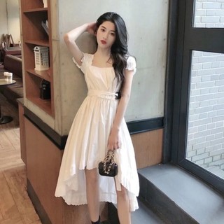 Váy Ullzang đuôi cá tay ngắn cổ vuông kèm đai 2 màu đen, trắng cá tính Momome