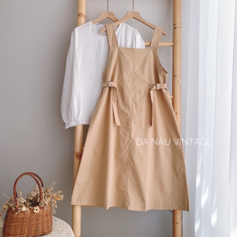 set yếm kate kèm áo trắng tay bồng phông cách ulzzang ( ảnh thật)