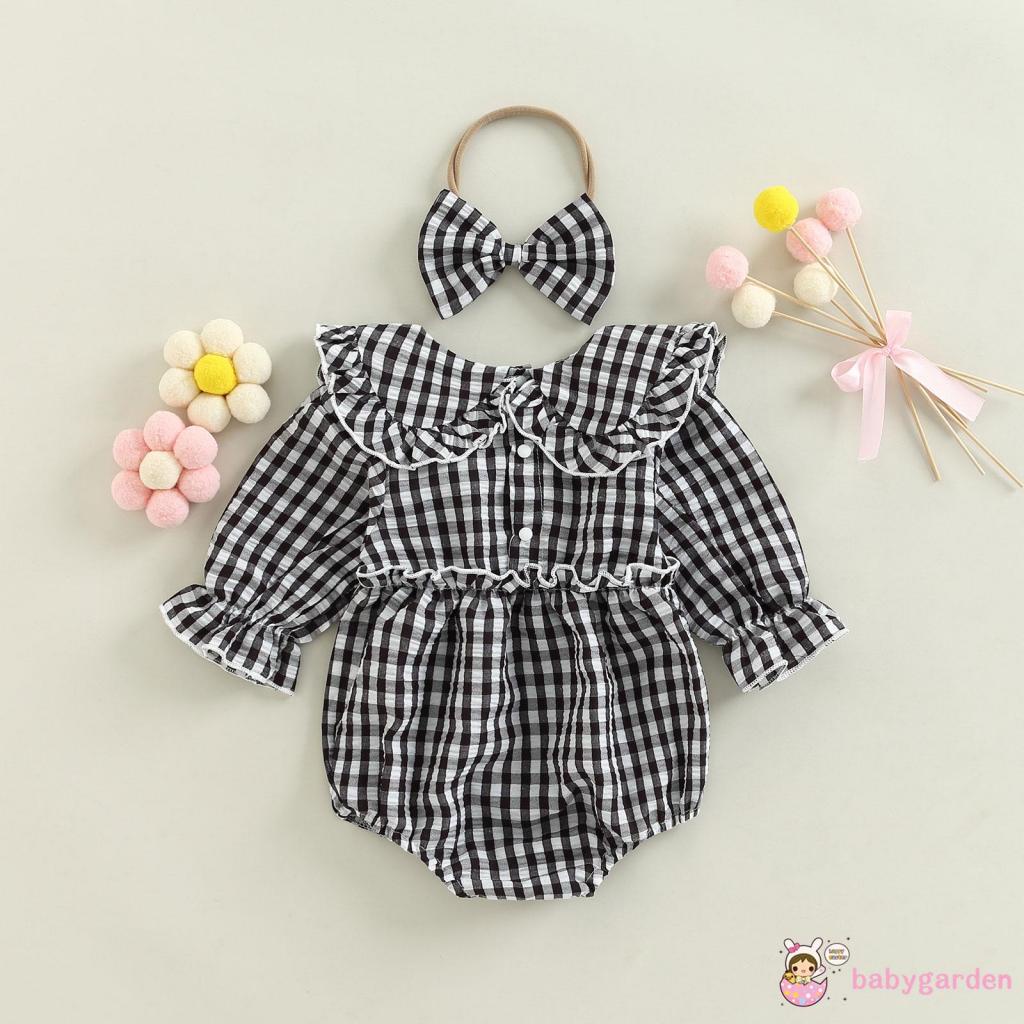 Bộ Áo Liền Quần Tay Dài Cổ Búp Bê Kẻ Sọc Caro + Băng Đô Cài Tóc Thời Trang Mùa Thu Cho Bé Gái 0-18 Tháng Tuổi