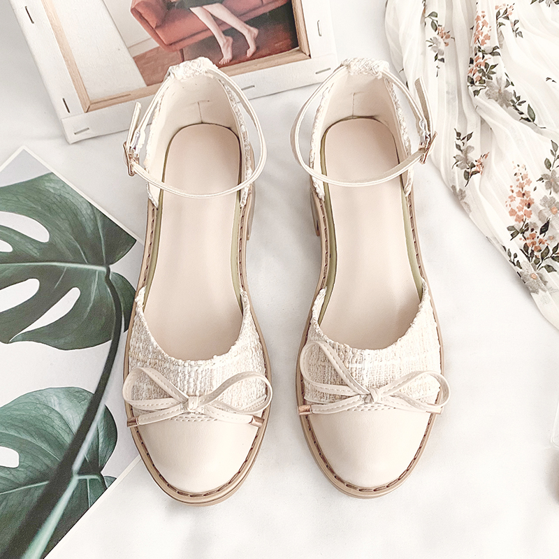 Giày Sandal Giày nữ phong cách Nhật Bản gót thô 4cm đính nơ