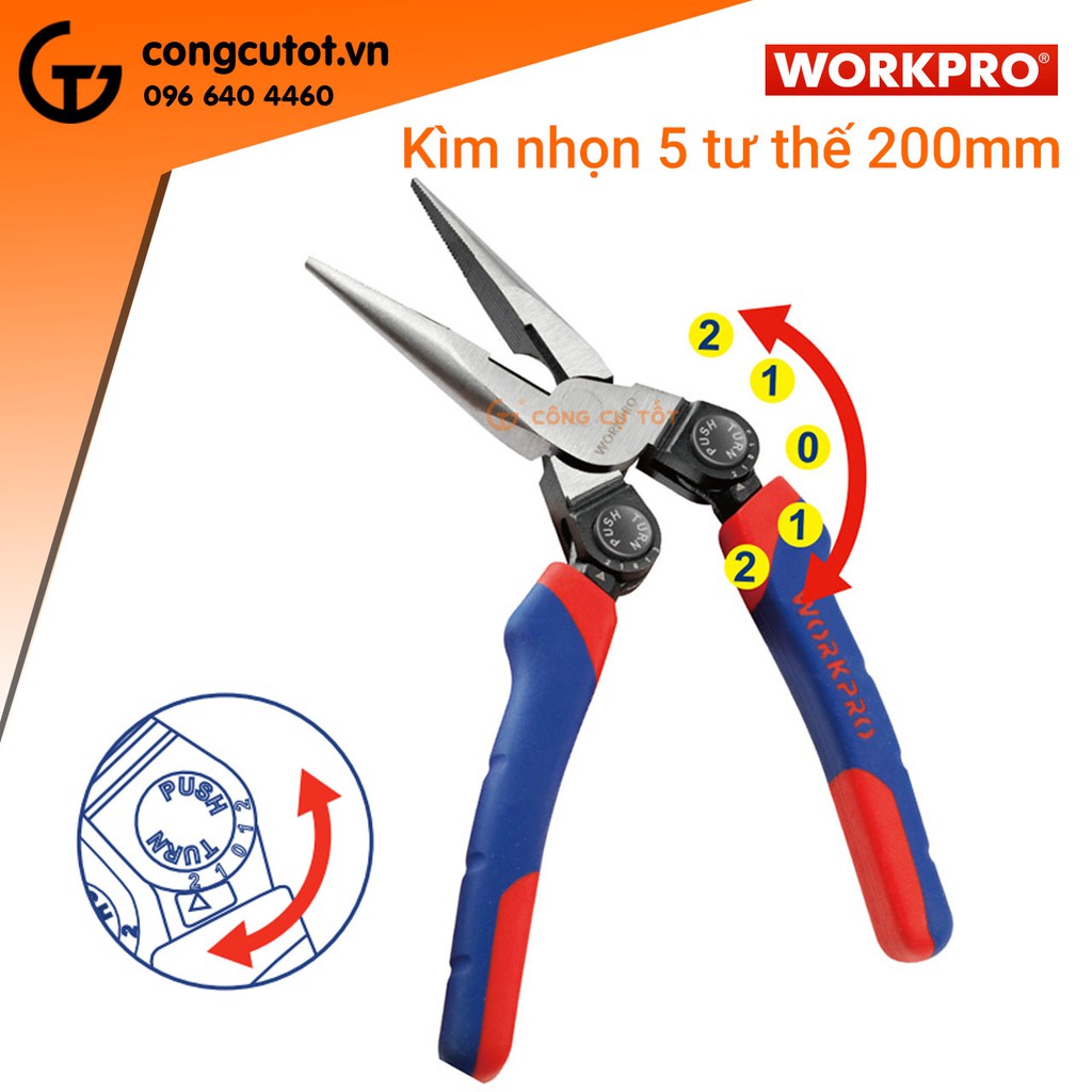 Kìm nhọn cán xoay 5 tư thế 200mm WORKPRO W031182