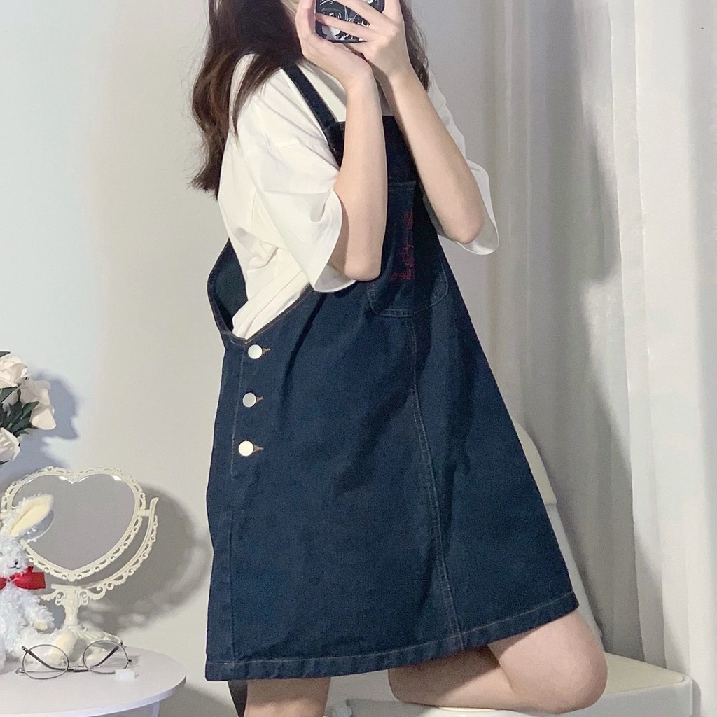 Đầm Yếm Denim Dáng Rộng Phong Cách Thời Trang Hàn Quốc Dành Cho Nữ