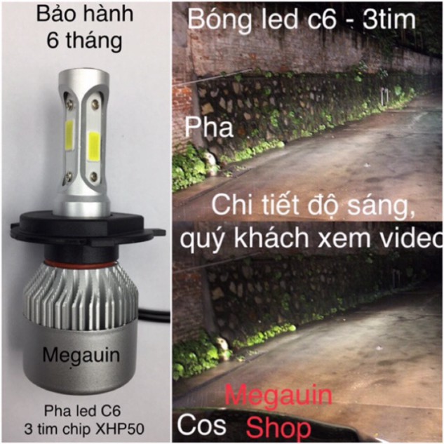 Đèn pha Led C6 3 tim X7 lắp xe máy chân H4 (Bảo hành 6 tháng) (giá 1 cái)