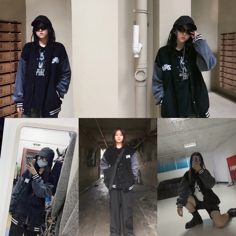 Bomber nhung bóng chày form rộng, Áo khoác bomber nhung màu đen | BigBuy360 - bigbuy360.vn