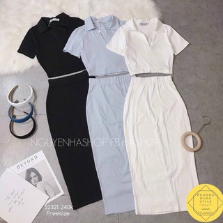 Sét áo cổ bẻ kèm chân váy ôm body thun porip