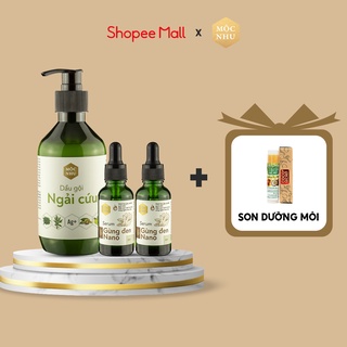 Combo 1 Dầu Gội Giảm Nấm Gàu Ngải Cứu & 2 Serum Gừng Đen Nano Mộc Nhu (Gội 300ml, Serum 30ml)