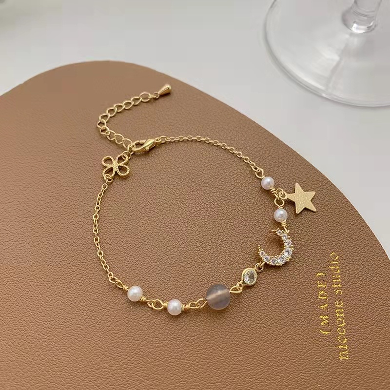 Vòng tay mạ bạc 925 đính đá hình mặt trăng/ ngôi sao dễ thương