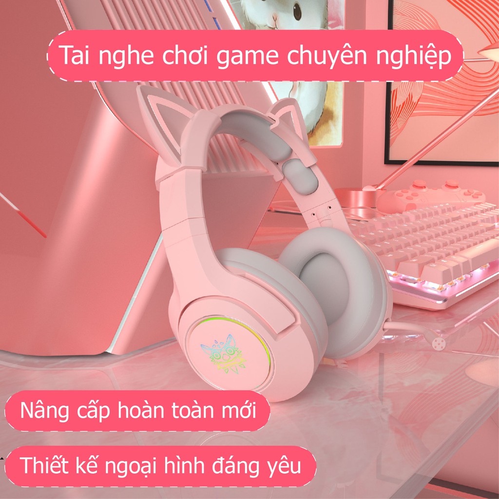 Tai nghe mèo chụp tai chơi game ONIKUMA K9 Bộ màu hồng tai nghe, chống ồn Có đèn RGB Micro