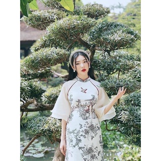 Áo dài gấm tăm in hình siêu nét