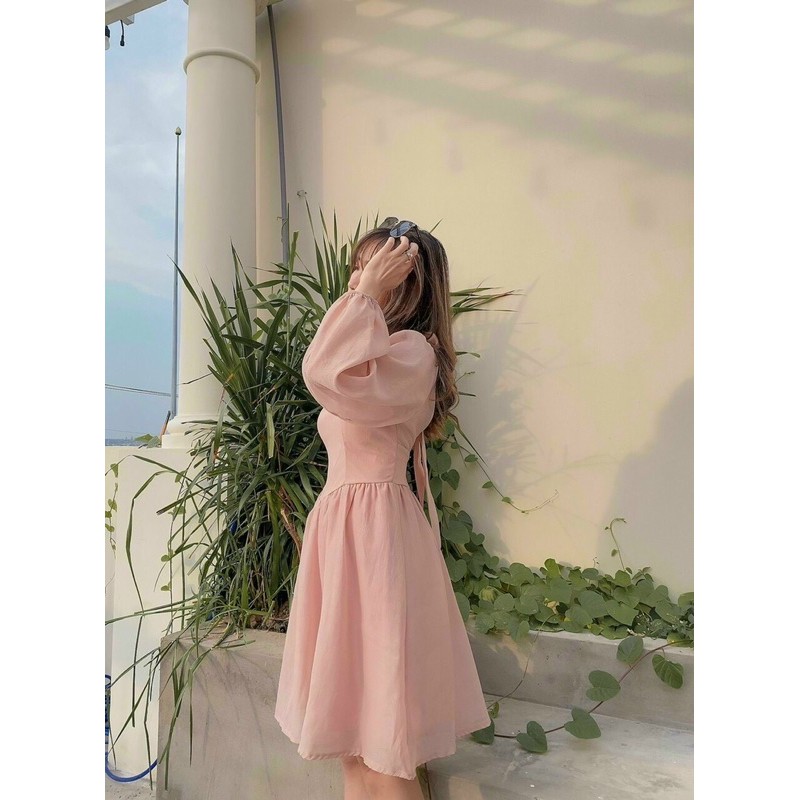 ẢNH THẬT TRẢI SÀN - ĐẦM MIDI HỒNG TAY DÀI NƠ CỔ