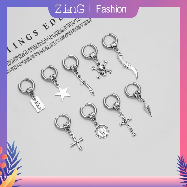 Bông Tai Inox Hình Nón/Chữ Thập/ Đầu Lâu Phối Dây Xích Kiểu Hip-Hop Hàn Quốc Cá Tính