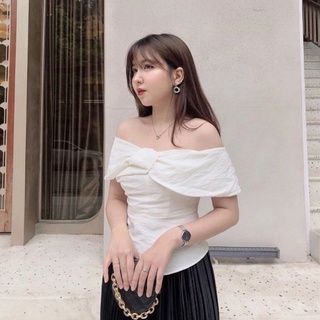 Áo trễ vai tiểu thư, Áo nữ áo kiểu peplum nơ trễ vai thanh lịch màu trắng
