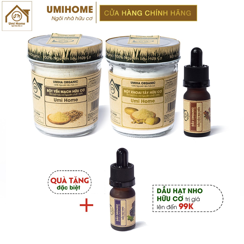 Combo 3 sản phẩm UMIHOME gồm Dầu Hắc Mai Biển 10ml, Bột Khoai Tây 125g và Bột Yến Mạch 125g hữu cơ -Tặng Dầu Nho 10ml