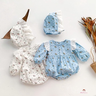 Set áo liền quần tay dài cổ tròn in họa tiết hoa + mũ cho bé gái sơ sinh Q7