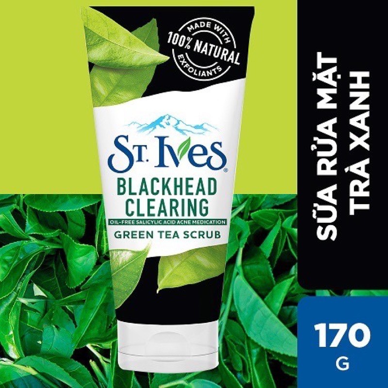 [USA] Sữa rửa mặt St.Ives Blackhead Clearing 170g Green tea &amp; Bamboo Scrub Trà xanh sạch mụn đầu đen - Mỹ