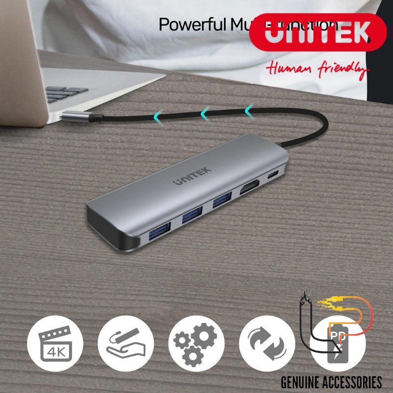 CÁP CHUYỂN USB TYPE-C RA 3 USB 3.0 + HDMI + PD 100W UNITEK H1107E