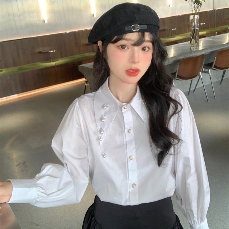 Áo Sơ Mi Trắng Tay Dài Cổ Búp Bê Xếp Ly Phong Cách Phương Tây Thời Trang Mới