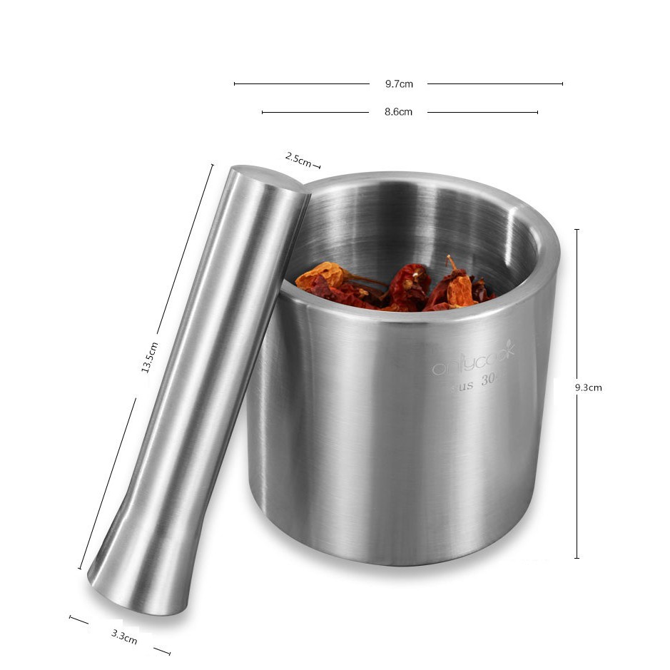 Cối chày Inox 304 Onlycook - 10x9.3cm Cối : 969g, Chày : 189g