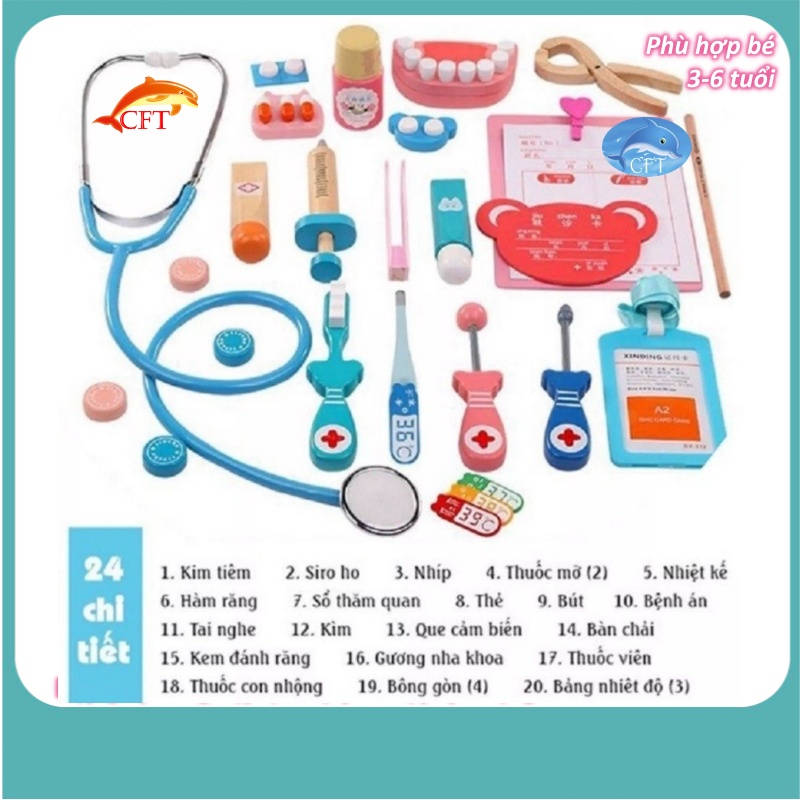 Đồ chơi bác sỹ gỗ cho bé từ 3 tuổi giúp bé tập làm bác sỹ xua tan nỗi sợ bác sỹ có ống nghe nghe thật