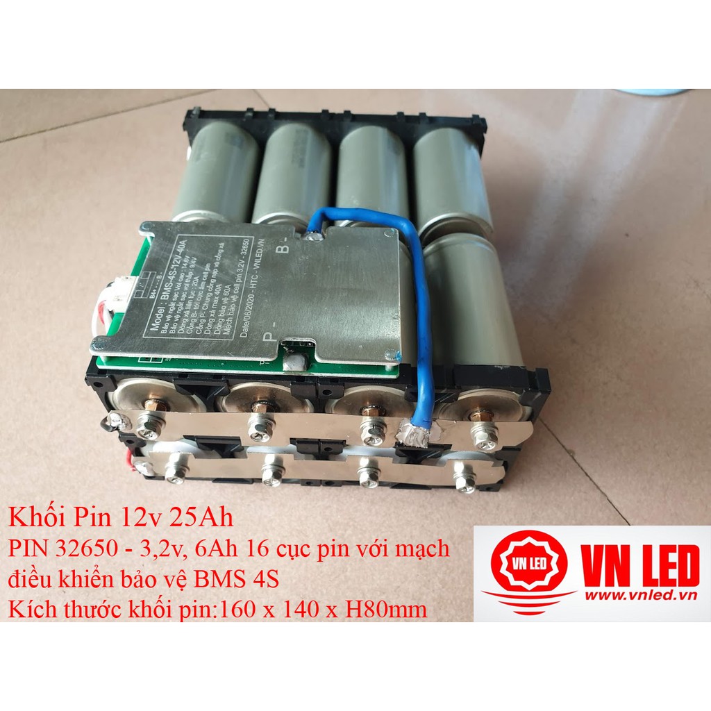 Khối Pin 12v 25Ah, Pin sạc Lithium sắt, 16 viên pin 32650, mạch bảo vệ BMS 4S, hotline 0936395395