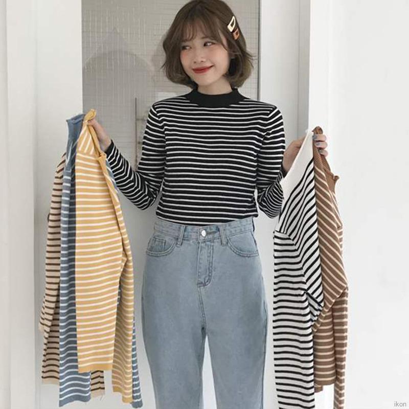 Áo Len Nữ Dài Tay Cổ Lọ Sọc Ngang Thời Trang Hàn