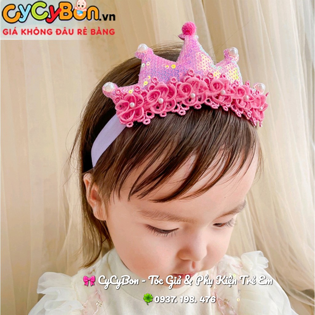 Băng Đô Cài Tóc Cho Bé Gái Kiểu Cài Hình Vương Miện - Màu Hồng Đậm Đính Kim Sa Lấy Lánh - Thun Co Giãn Thoải Mái