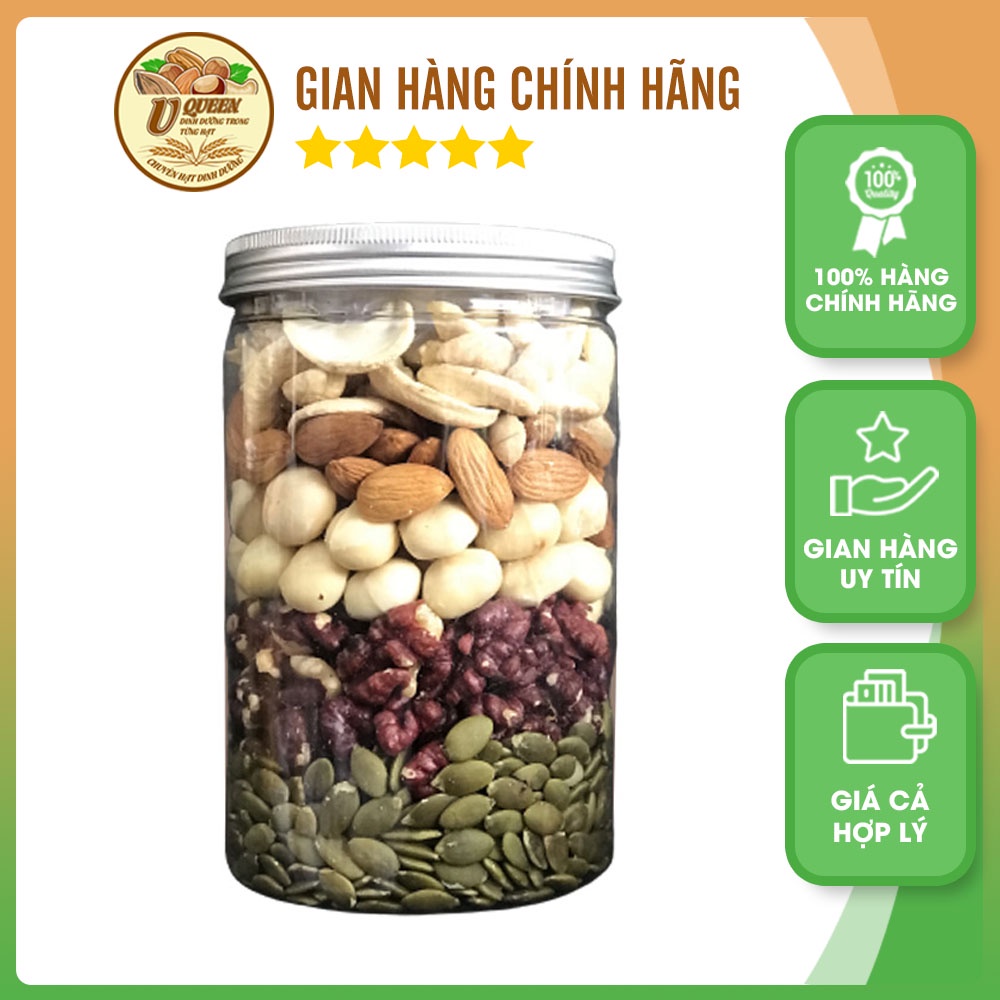 Hạt dinh dưỡng mix 5 vị hạt UQ17 hộp 500g gồm macca, hạnh nhân, óc chó, hạt điều, bí xanh đảm bảo chất lượng - U QUEEN