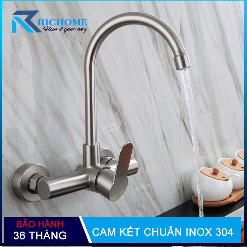 Vòi rửa chén bát nóng lạnh gắn tường chất liệu inox 304 nguyên khối mã QH-CF015