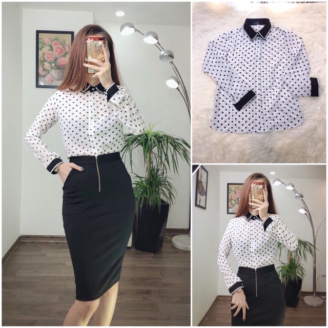 Bán Sỉ (Có bán rời) Set sơ mi chấm bi cổ đức và chân váy khoá đồng thiết kế BDCC06 (video ảnh thật)